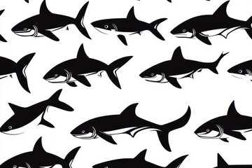 Nahtloses Muster: Schwarze Haie auf wei&szlig;em Hintergrund