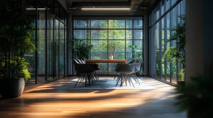 Modern Office Space with Large Windows and Indoor Plants