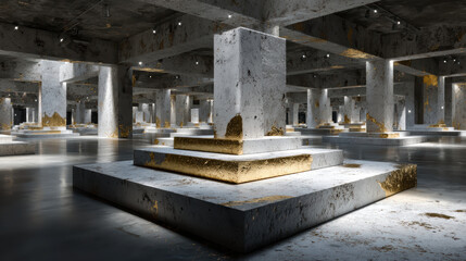 Stone pillars and minimalist altar in brutalist gallery