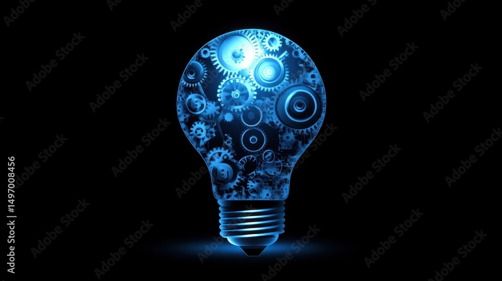 Poster abstract lightbulb composed of gears and network nodes representing breakthrough business innovation