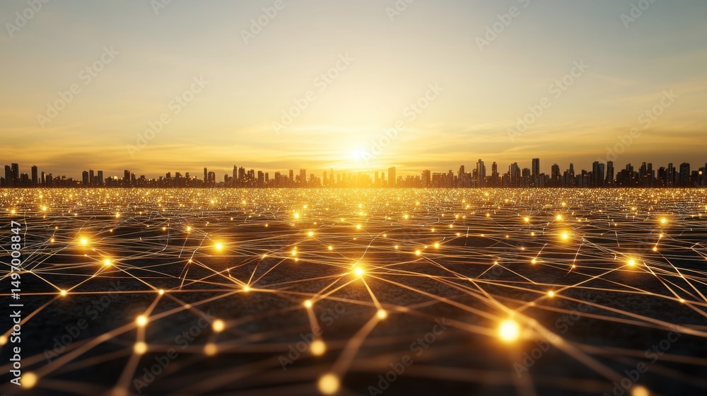 Poster abstract wireframe cityscape with glowing points symbolizing business hubs and expansions