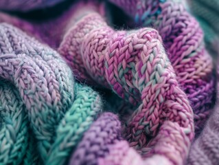 A knitted sweater with purple, green, and blue colors