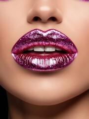 Fototapeta premium Close-up of glossy, metallic pink lips with glitter detail, showcasing bold and glamorous makeup.
