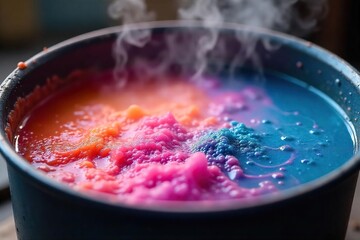 Close-up of a steaming pot of fabric dye, vibrant colors swirling in the bubbling liquid, ready for immersion dyeing  Natural fibers simmering gently in a dye bath ,  natural dye,  steam