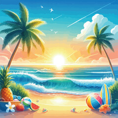 Bright and cheerful summer vacation vector design featuring tropical elements like palm trees, beach umbrellas, surfboards, sun hats, and waves. Ideal for travel posters, holiday promotions, and summe