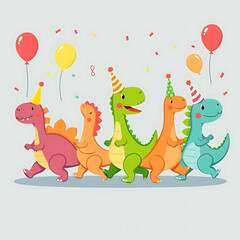 Fototapeta premium Happy Dinosaur Parade – Cheerful dinosaurs marching together in a playful parade.