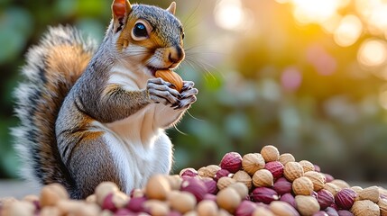 Naklejka premium A fluffy-tailed squirrel sits amidst a pile of nuts, delicately holding and consuming one. Golden sunlight bathes the scene