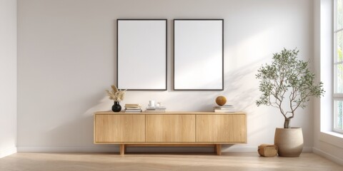 Minimalist interior design in a modern living space featuring natural elements and empty wall frames