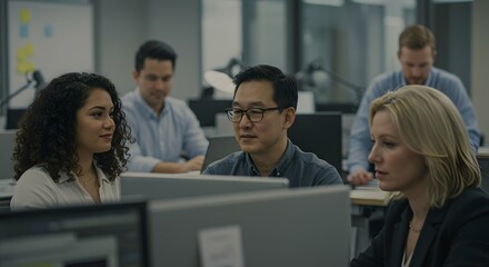 Collaborative Teamwork in Modern Office Setting Diverse Team Working on Computers, Engaging in Project Discussion and Problem-Solving