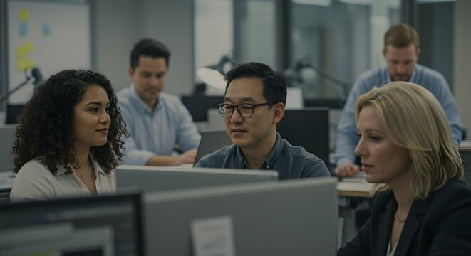 Collaborative Teamwork in Modern Office Setting Diverse Team Working on Computers, Engaging in Project Discussion and Problem-Solving - Powered by Adobe