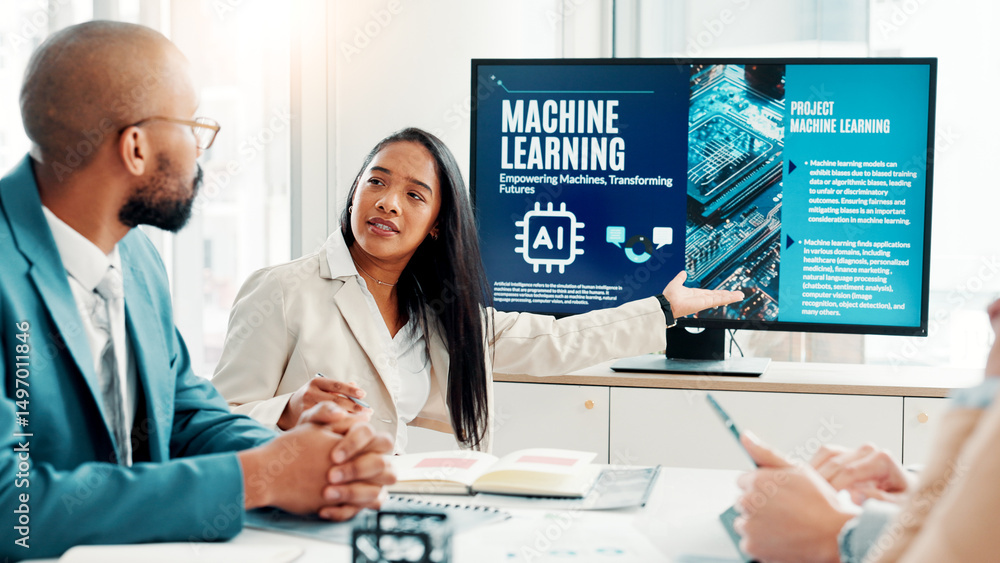 Poster Machine learning, business people and discussion with ai, data scientist or cyber security with software update. Innovation, employees or tech expert in office, development or talking with specialist