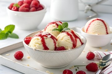 Vanilla Raspberry Ice Cream Bowl on Bright Kitchen Counter