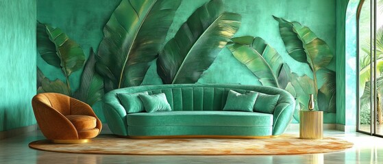 Luxury Tropical Interior Design: Emerald Green Velvet Sofa and Banana Leaf Wall Mural