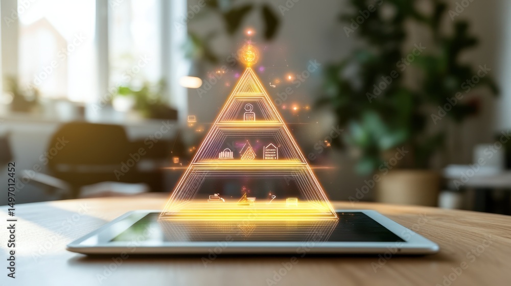 Poster strategy pyramid model displayed digitally on a modern tablet in an office setting