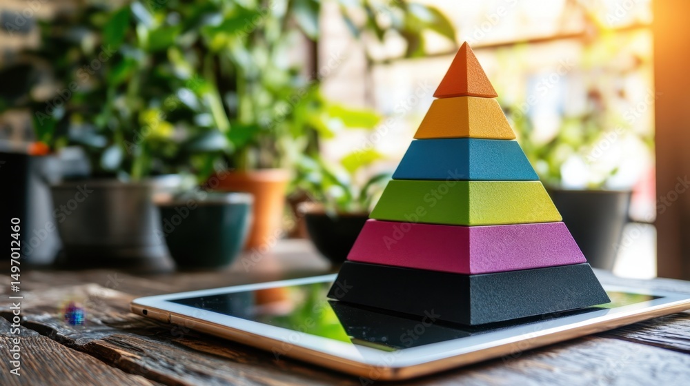 Poster strategy pyramid model displayed digitally on a modern tablet in an office setting