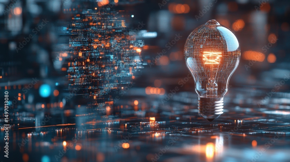 Aufkleber virtual lightbulb illuminating a leadership path over abstract tech-driven background