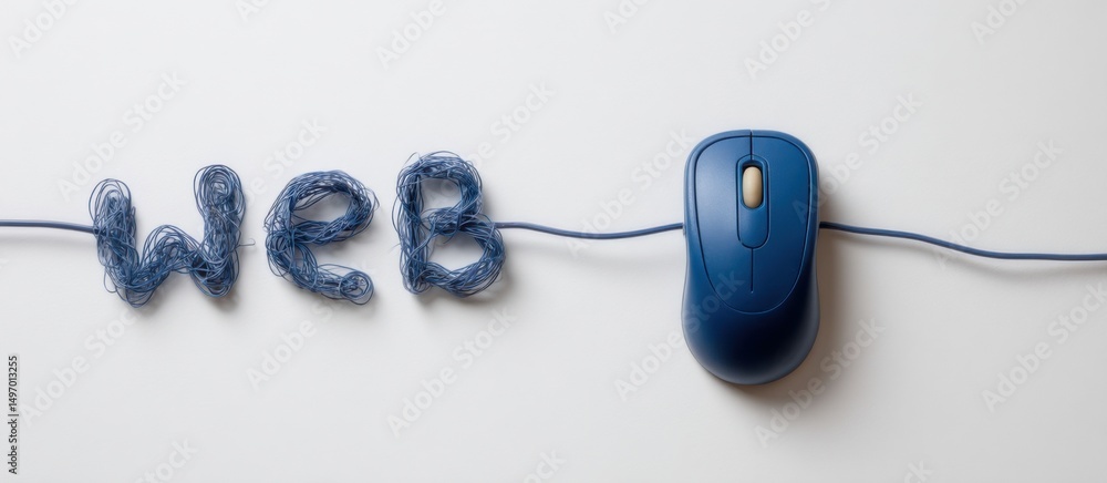 Aufkleber creative arrangement of a computer mouse beside fiber string spelling web on a white background