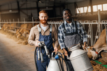 Two workers caucasian young man and African male with jug of milk and milking machine at cowhed. Farm business, industry of eco dairy factory