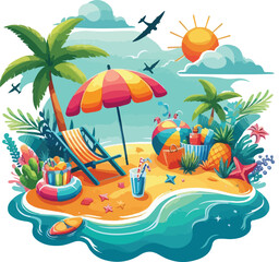 Bright and cheerful summer vacation vector design featuring tropical elements like palm trees, beach umbrellas, surfboards, sun hats, and waves. Ideal for travel posters, holiday promotions, and summe