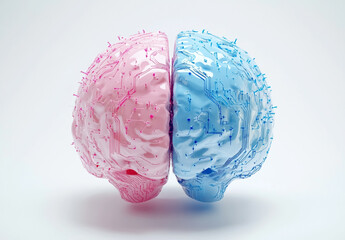 A digital image of two parts of the brain, one pink and the other blue, on a white background, with circuit lines running through them.