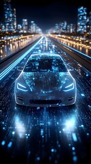 Futuristic electric vehicle driving on a glowing highway through a city at night, its internal components visualized with digital overlays