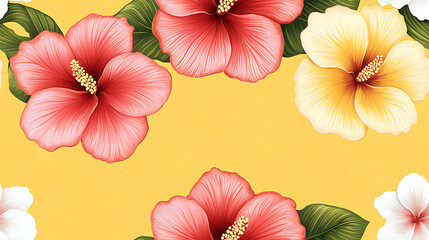Obraz premium Tropical hibiscus flower border with pink and yellow petals and green leaves on yellow background, bright and vibrant design