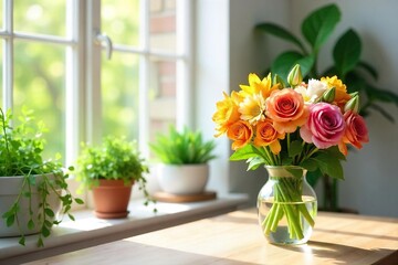 Bright, sunny room with freshly cut flowers in a vase, green plants, and open windows letting in natural light  A feeling of airy, clean freshness pervades the space ,  home,  serenity