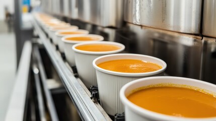 Freshly Prepared Soup in White Cups on a Production Line