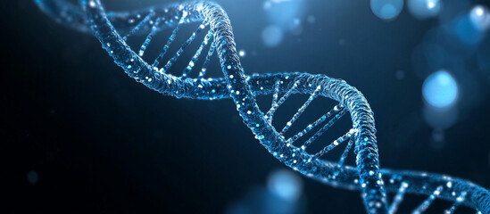 A double helix of DNA, with one half depicting the adenine base in blue and white.