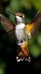 Fototapeta premium A rufous-toned hummingbird hovers mid-flight, wings outstretched, showcasing intricate speckled plumage against a blurred green background