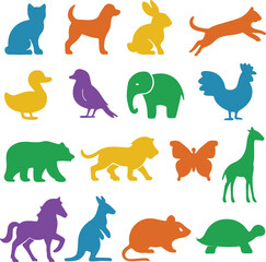 20 colorful animal silhouettes including cat, dog, bird, giraffe, elephant, turtle, rabbit, and more. Ideal for children’s books, educational designs, and animal-themed branding.
