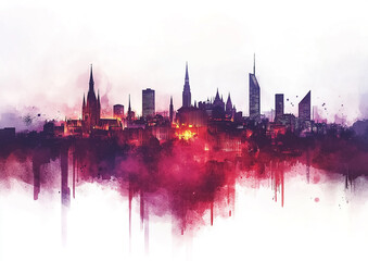 Obraz premium A game-themed poster featuring the skyline of Toulouse, France, against a red and purple watercolor background.
