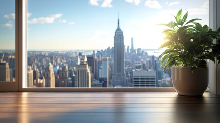 Scenic window view of New York City skyline with a potted plant enhancing the ambiance