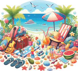 Bright and cheerful summer vacation vector design featuring tropical elements like palm trees, beach umbrellas, surfboards, sun hats, and waves. Ideal for travel posters, holiday promotions, and summe