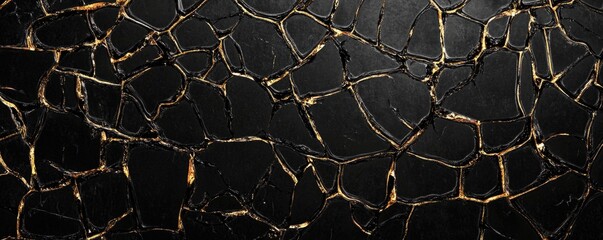 Textured black surface with golden cracks shining