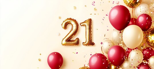 Golden Number 21 Balloons with Red, White, and Gold Confetti for a 21st Birthday Celebration
