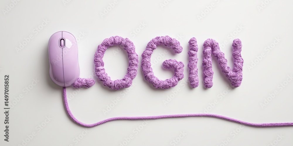 Poster creative arrangement of purple material forming the word login with a computer mouse beside it on a 