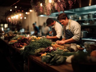 Chefs Preparing Fresh Vegetables in Restaurant Kitchen Under Warm Lighting, Illustrating Culinary Expertise and Food Service Excellence : Generative AI