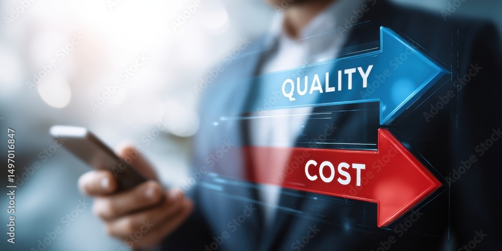 Poster balancing quality and cost in business decision-making with smartphone technology in a modern settin