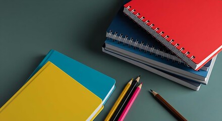 Colorful notebooks and pencils sit on a green desk, arranged for studying. Education, school, and work concept with stationery for students.