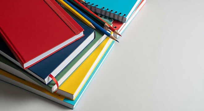 Colorful notebooks and pencils sit on a green desk, arranged for studying. Education, school, and work concept with stationery for students. - Powered by Adobe