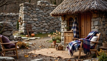 a cozy outdoor setting with a thatched roof cabin in the foreground