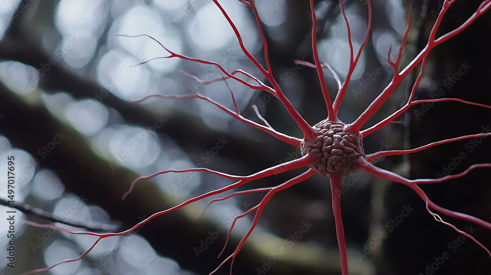Poster intricate neuron model against a blurred nature backdrop. represents connection, neural network, com