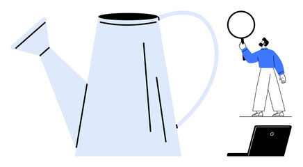 Giant watering can next to a person inspecting a magnifying glass and a small laptop. Ideal for growth, research, analysis, innovation, sustainability, productivity, simple landing page