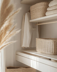 Minimalist closet is organized, clean and neat with an open wardrobe system