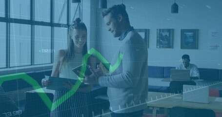 Colleagues reacting to finance graph appearing, monitoring trends and comparing sheet with tablet - Powered by Adobe