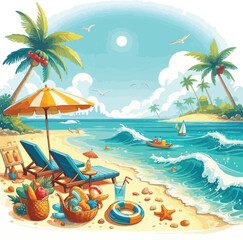 Bright and cheerful summer vacation vector design featuring tropical elements like palm trees, beach umbrellas, surfboards, sun hats, and waves. Ideal for travel posters, holiday promotions, and summe