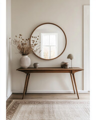 Minimalist entry foyer delights with console table and round mirror