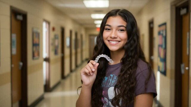 Confident Teen Girl Smiling with Clear Aligner in School Hallway