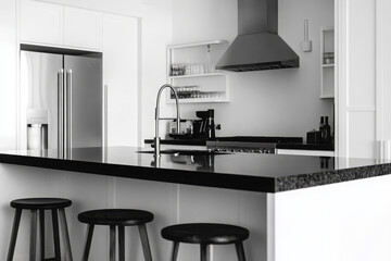 Minimalist kitchen with black countertop is clean and looks very elegant
